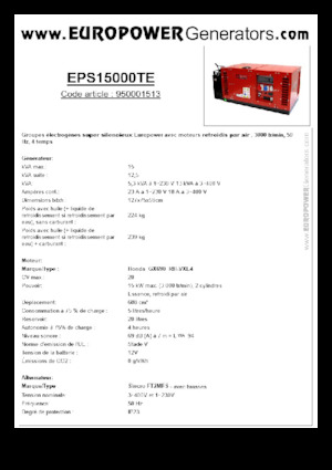 Agregaty prądotwórcze z silnikiem spalinowym Europower EPS15000TE (S)