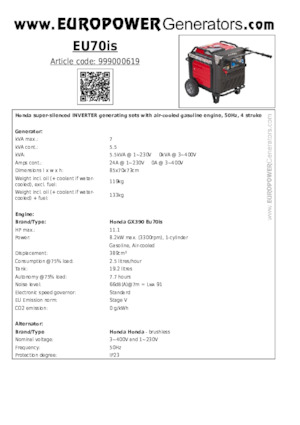 Agregaty prądotwórcze z silnikiem spalinowym Europower EU70is
