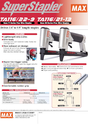 Gwoździarki i zszywacze elektryczne MAX USA CORP. TA116A/22-9