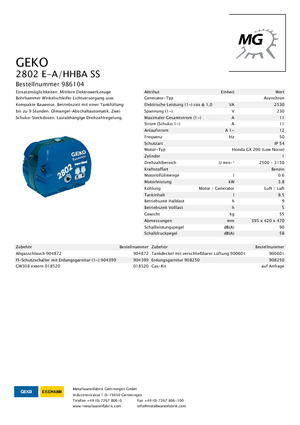 Agregaty prądotwórcze z silnikiem spalinowym Geko ® 2802 E-A/HHBA*