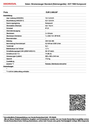 Agregaty prądotwórcze z silnikiem spalinowym Honda ECT 7000