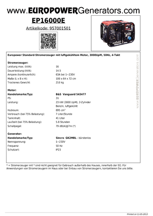 Agregaty prądotwórcze z silnikiem spalinowym Europower EP16000E (S)
