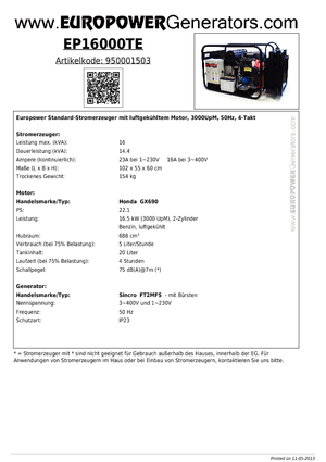 Agregaty prądotwórcze z silnikiem spalinowym Europower EP16000TE (S)