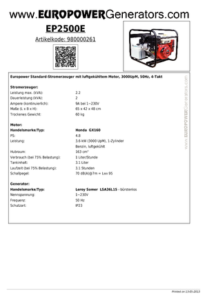 Agregaty prądotwórcze z silnikiem spalinowym Europower EP 2500 E (LS)