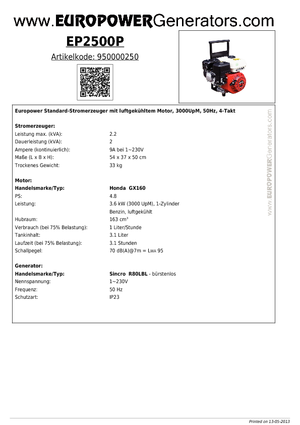 Agregaty prądotwórcze z silnikiem spalinowym Europower EP2500P (S)