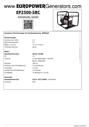 Agregaty prądotwórcze z silnikiem spalinowym Europower EP 2500 S/BC (S)
