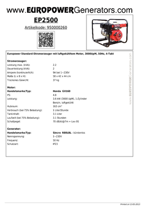 Agregaty prądotwórcze z silnikiem spalinowym Europower EP2500 (S)