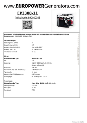 Agregaty prądotwórcze z silnikiem spalinowym Europower EP3300-11 (MA)