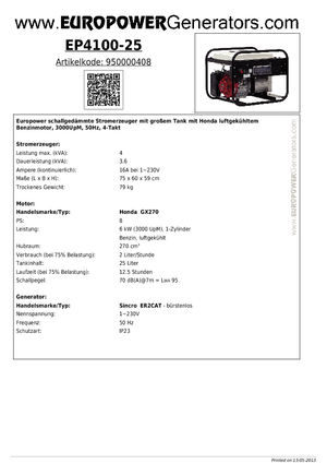 Agregaty prądotwórcze z silnikiem spalinowym Europower EP4100-25 (S)