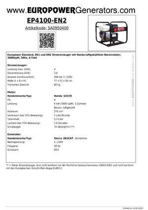 Agregaty prądotwórcze z silnikiem spalinowym Europower EP 4100 EN2 (S)