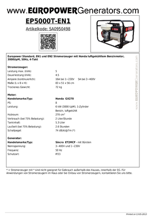 Agregaty prądotwórcze z silnikiem spalinowym Europower EP 5000 T-EN1 (S)