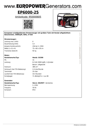 Agregaty prądotwórcze z silnikiem spalinowym Europower EP6000-25 (S)