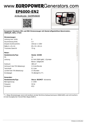 Agregaty prądotwórcze z silnikiem spalinowym Europower EP 6000 EN2 (S)