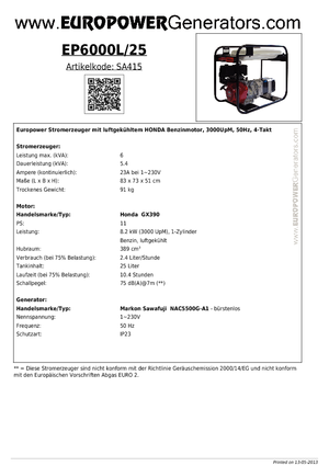 Agregaty prądotwórcze z silnikiem spalinowym Europower EP 6000 L / 25