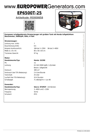 Agregaty prądotwórcze z silnikiem spalinowym Europower EP6500T-25 (S)