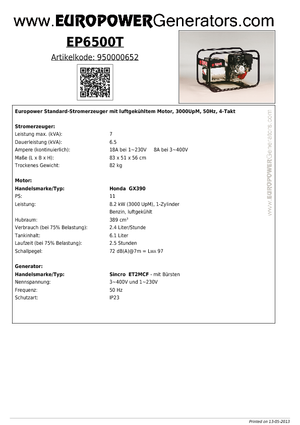 Agregaty prądotwórcze z silnikiem spalinowym Europower EP6500T (S)