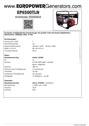 Agregaty prądotwórcze z silnikiem spalinowym Europower EP6500TLN (S)
