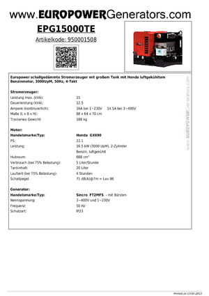 Agregaty prądotwórcze z silnikiem spalinowym Europower EPG15000TE (S)