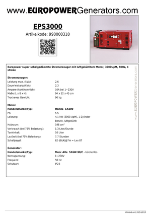 Agregaty prądotwórcze z silnikiem spalinowym Europower EPS 3000 (MA)