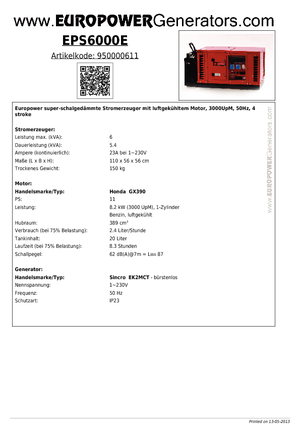 Agregaty prądotwórcze z silnikiem spalinowym Europower EPS6000E (S)