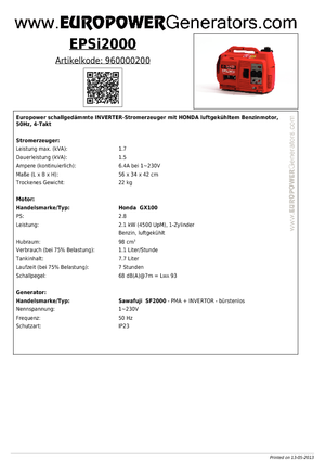 Agregaty prądotwórcze z silnikiem spalinowym Europower EPSi2000 (Sa)