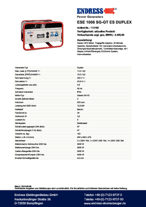 Agregaty prądotwórcze z silnikiem spalinowym Endress ESE 1006 SG-GT ES Duplex