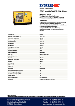 Agregaty prądotwórcze z silnikiem spalinowym Endress ESE 1408 DBG ES DIN Silent