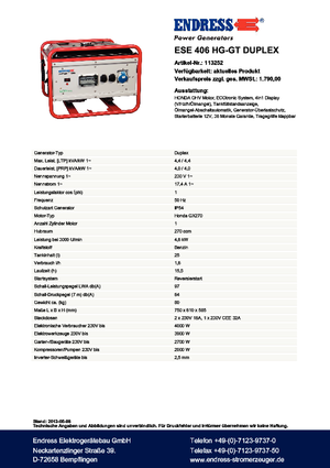 Agregaty prądotwórcze z silnikiem spalinowym Endress ESE 406 HG-GT Duplex