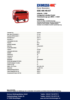Agregaty prądotwórcze z silnikiem spalinowym Endress ESE 406 HS-GT