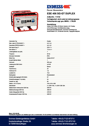 Agregaty prądotwórcze z silnikiem spalinowym Endress ESE 406 SG-GT Duplex