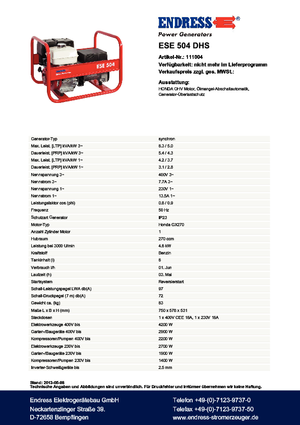 Agregaty prądotwórcze z silnikiem spalinowym Endress ESE 504 DHS
