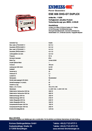 Agregaty prądotwórcze z silnikiem spalinowym Endress ESE 606 DHG-GT Duplex