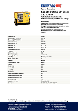 Agregaty prądotwórcze z silnikiem spalinowym Endress ESE 958 DBG ES DIN Silent
