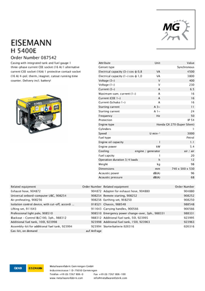Agregaty prądotwórcze z silnikiem spalinowym Eisemann H 5400  E