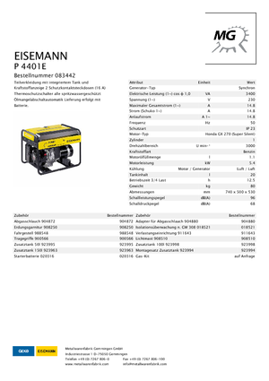 Agregaty prądotwórcze z silnikiem spalinowym Eisemann P 4401 E