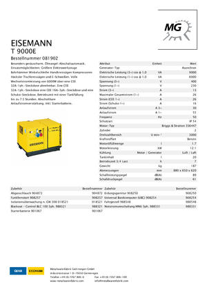 Agregaty prądotwórcze z silnikiem spalinowym Eisemann T 9000 E