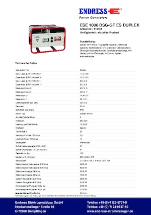 Agregaty prądotwórcze z silnikiem spalinowym Endress ESE 1006 DSG-GT ES Duplex