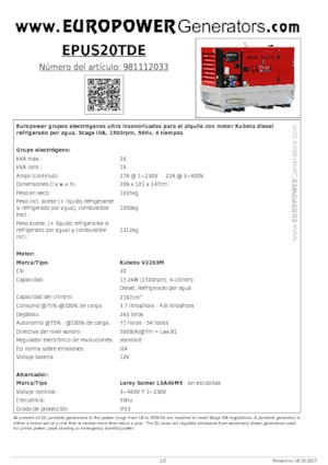 Agregaty prądotwórcze z silnikiem wysokoprężnym Europower EPUS20TDE (LS)