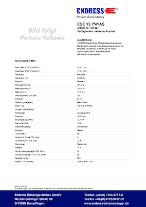 Agregaty prądotwórcze z silnikiem wysokoprężnym Endress ESE 15 YW/AS