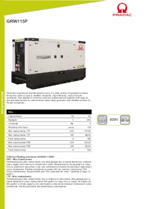 Agregaty prądotwórcze z silnikiem wysokoprężnym PRAMAC Lifter GRW 115 P