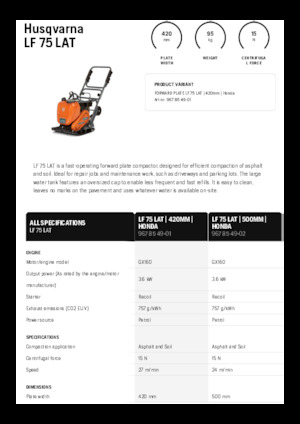 Jednokierunkowe Zagęszczarki / płyty wibracyjne Husqvarna LF 75 LAT