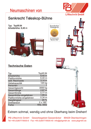Kołowe platformy robocze z masztem pionowym PB Toplift 84
