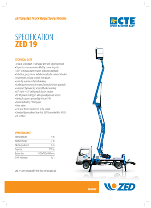 Platformy robocze na wysięgniku przegubowym mocowane na ciężarówce CTE ZED 19