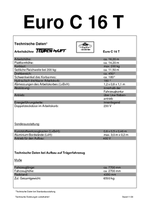 Platformy robocze na wysięgniku teleskopowym mocowane na ciężarówce TEUPEN Euro C 16 T